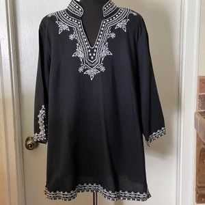 Women's Black w/ White Embroidered Detail Linen Top w/ Nehru Neckline & Collar